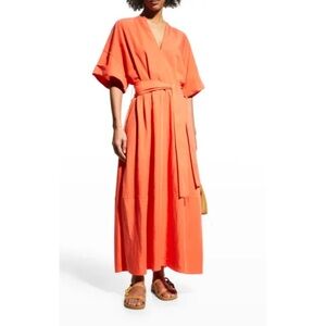 Vince cuffed short sleeve V-neck belted burnt orange midi dress